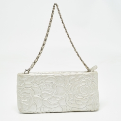 Pre Owned Chanel Silver Leather Camellia Pochette