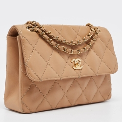 Pre Owned Chanel Beige Quilted Leather Wild Stitch Classic Flap Bag