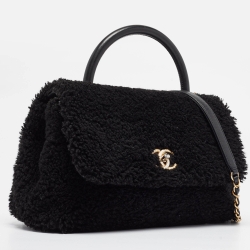 Pre Owned Chanel Black Shearling Medium Coco Top Handle Bag