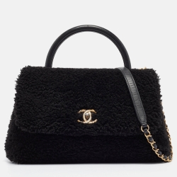 Pre Owned Chanel Black Shearling Medium Coco Top Handle Bag