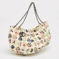 Pre Owned Chanel Off White/Multicolor Canvas Mini Valentine Heart Hobo 