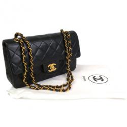 Pre Owned Chanel Black Lamb Skin Leather Double Shoulder Flap Bag Small