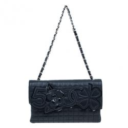 Pre Owned Chanel Black Lambskin Camelia No.5 Flap Bag