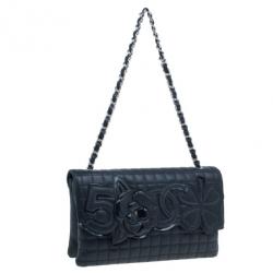 Pre Owned Chanel Black Lambskin Camelia No.5 Flap Bag