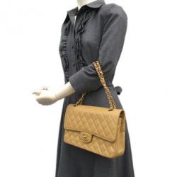 Pre Owned Chanel Beige Caviar Leather Double Flap Bag