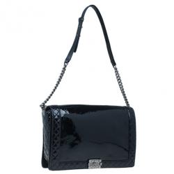 Pre Owned Chanel Black Patent Leather Boy Reverso Jumbo Flap Bag