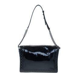 Pre Owned Chanel Black Patent Leather Boy Reverso Jumbo Flap Bag