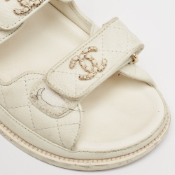 Pre Owned Chanel White Quilted Leather Dad CC Velcro Strap Flat Sandals Size 36