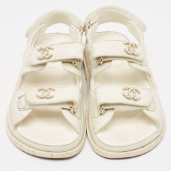 Pre Owned Chanel White Quilted Leather Dad CC Velcro Strap Flat Sandals Size 36