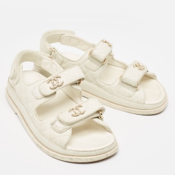 Pre Owned Chanel White Quilted Leather Dad CC Velcro Strap Flat Sandals Size 36