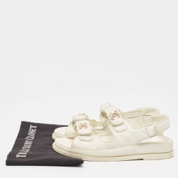 Pre Owned Chanel White Quilted Leather Dad CC Velcro Strap Flat Sandals Size 36