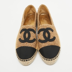 Chanel Gold/Black Tweed and Fabric CC Espadrille Flats Size 37