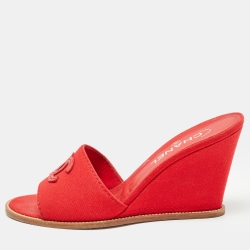 Chanel Red Canvas CC Wedge Slide Sandals Size 39