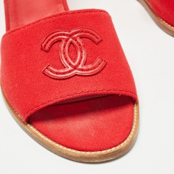 Chanel Red Canvas CC Wedge Slide Sandals Size 39
