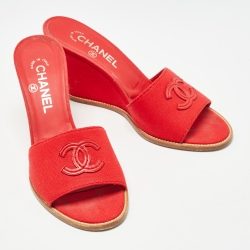 Chanel Red Canvas CC Wedge Slide Sandals Size 39