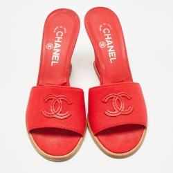 Chanel Red Canvas CC Wedge Slide Sandals Size 39