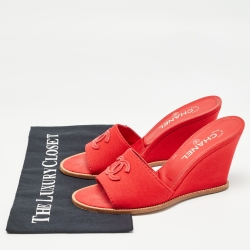 Chanel Red Canvas CC Wedge Slide Sandals Size 39