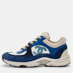 Pre Owned Chanel Blue/White Suede and Neoprene CC Low Top Sneakers Size 37