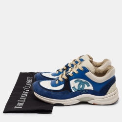 Pre Owned Chanel Blue/White Suede and Neoprene CC Low Top Sneakers Size 37