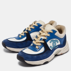 Pre Owned Chanel Blue/White Suede and Neoprene CC Low Top Sneakers Size 37