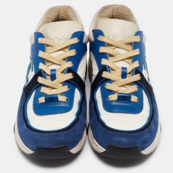Pre Owned Chanel Blue/White Suede and Neoprene CC Low Top Sneakers Size 37