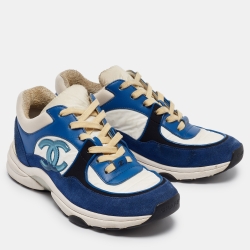 Pre Owned Chanel Blue/White Suede and Neoprene CC Low Top Sneakers Size 37