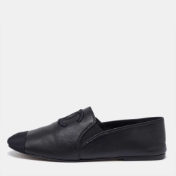 Pre Owned Chanel Black Leather CC Slip On Loafers Size 39