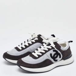 Pre Owned Chanel Black/Grey Nylon and Suede CC Logo Lace Up Sneakers Size 40