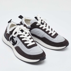 Pre Owned Chanel Black/Grey Nylon and Suede CC Logo Lace Up Sneakers Size 40