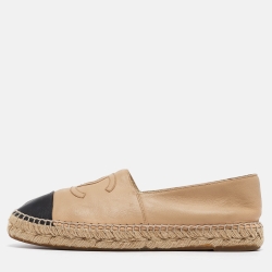 Pre Owned Chanel Beige/Black Leather CC Espadrille Flats Size 39