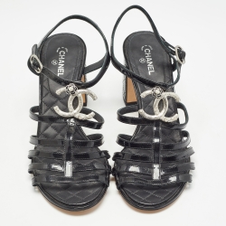Chanel Black Patent Ankle Strap Sandals Size 41