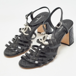 Chanel Black Patent Ankle Strap Sandals Size 41
