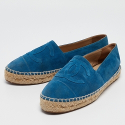 Pre Owned Chanel Blue Suede CC Espadrille Flats Size 37