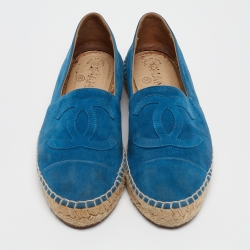 Pre Owned Chanel Blue Suede CC Espadrille Flats Size 37