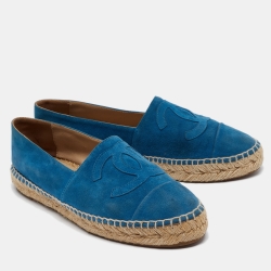 Pre Owned Chanel Blue Suede CC Espadrille Flats Size 37