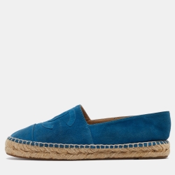 Pre Owned Chanel Blue Suede CC Espadrille Flats Size 37