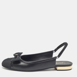 Pre Owned Chanel Black Leather and Canvas CC Bow Cap Toe Slingback Flat Sandals Size 40.5