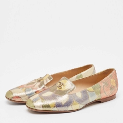 Pre Owned Chanel Multicolor Floral Print Glitter Lame Fabric CC Smoking Slippers Size 37.5