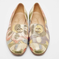 Pre Owned Chanel Multicolor Floral Print Glitter Lame Fabric CC Smoking Slippers Size 37.5