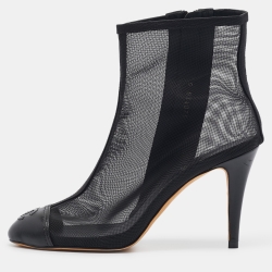 Chanel Black Leather and Mesh CC Cap Toe Ankle Booties Size 36
