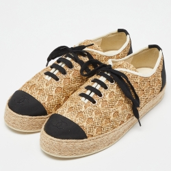 Chanel Beige/Black Raffia, Fabric and Grosgrain CC Lace Up Espadrilles Sneakers Size 38