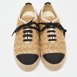 Chanel Beige/Black Raffia, Fabric and Grosgrain CC Lace Up Espadrilles Sneakers Size 38