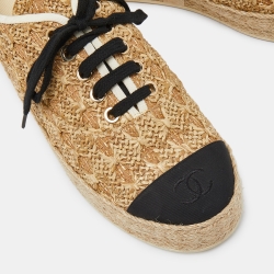 Chanel Beige/Black Raffia, Fabric and Grosgrain CC Lace Up Espadrilles Sneakers Size 38