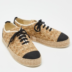 Chanel Beige/Black Raffia, Fabric and Grosgrain CC Lace Up Espadrilles Sneakers Size 38