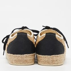 Chanel Beige/Black Raffia, Fabric and Grosgrain CC Lace Up Espadrilles Sneakers Size 38