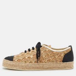 Chanel Beige/Black Raffia, Fabric and Grosgrain CC Lace Up Espadrilles Sneakers Size 38