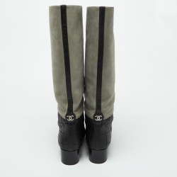 Chanel Black/Grey Nubuck and Leather Knee Length Boots Size 38.5