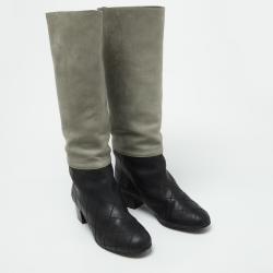 Chanel Black/Grey Nubuck and Leather Knee Length Boots Size 38.5