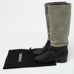 Chanel Black/Grey Nubuck and Leather Knee Length Boots Size 38.5