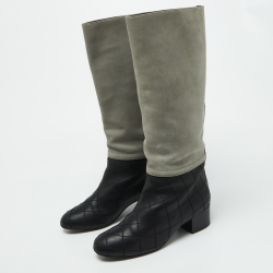 Chanel Black/Grey Nubuck and Leather Knee Length Boots Size 38.5